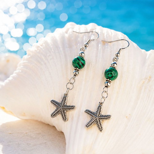 Handmade Earrings with Malachite and Hematite Semiprecious Stones, Silver Color