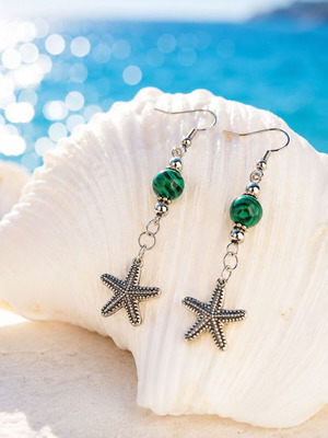 Handmade Earrings with Malachite and Hematite Semiprecious Stones, Silver Color