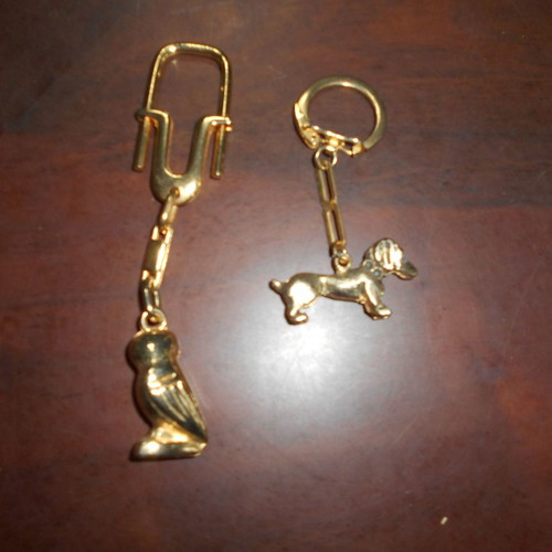 Brass keychains used, owl and dog, set of 2 pieces