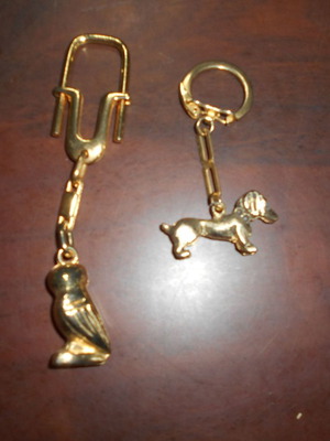 Brass keychains used, owl and dog, set of 2 pieces