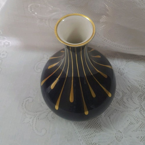 Lindner Bavaria vintage cobalt blue vase with gold threads