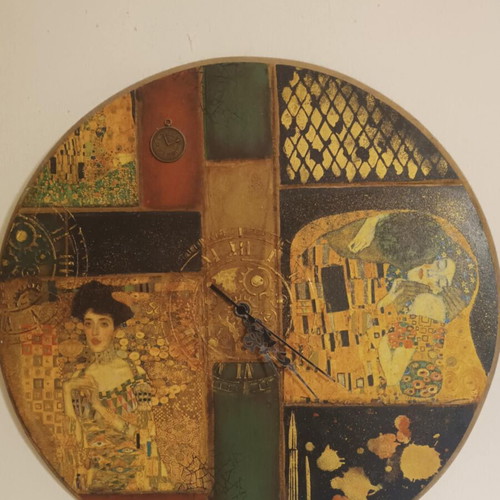 Wooden wall clock like new, mix media Klimt design