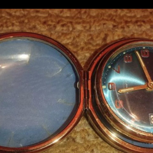Junghans travel alarm clock like new, brass and leather