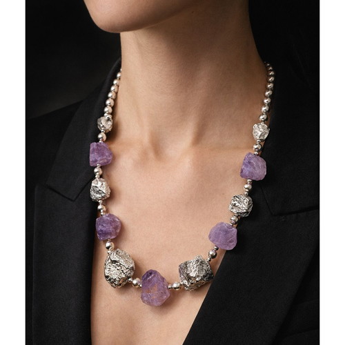 Silver 925 necklace new with amethyst minerals 59 cm, plated platinum