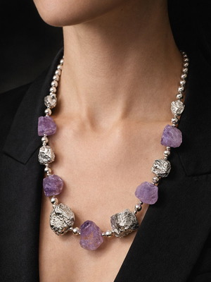 Silver 925 necklace new with amethyst minerals 59 cm, plated platinum
