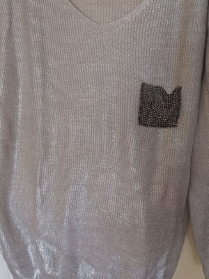 Blouse long sleeve metallic with pocket and black rhinestones like new