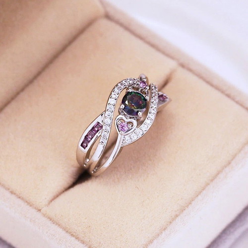 Aquamarine ring with violet zirconia new, silver plated metal