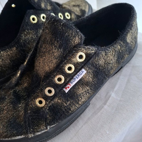 Superga canvas sneakers like new, black-gold pony skin