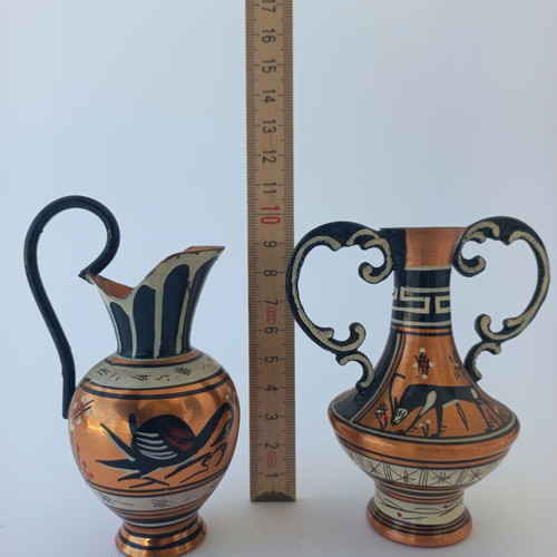 Set of 5 old copper amphora miniatures like new, handmade Greek