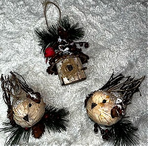 Χριστουγεννιάτικα χιονισμένα στολίδια 2 πουλάκια με ξύλινο σπιτάκι