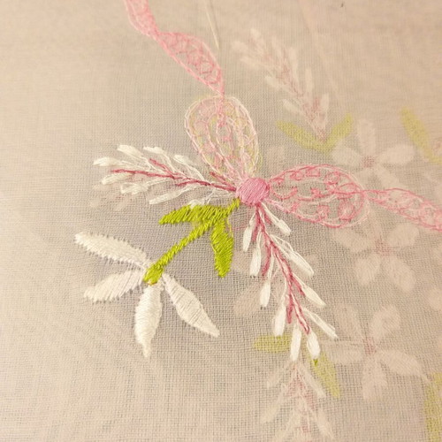 Machine embroidery runner from pink organza with floral design like new