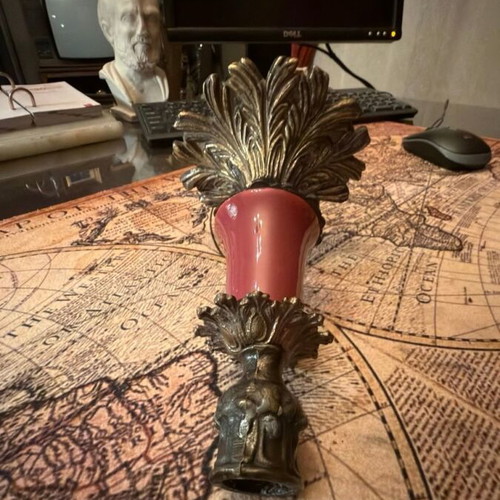 Vintage metal baroque candlestick with burgundy decoration like new