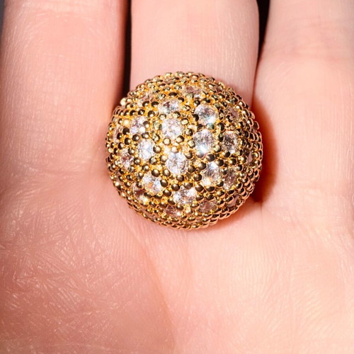 Vintage Pompon Ring with Zircon, Gold Plated, Like New