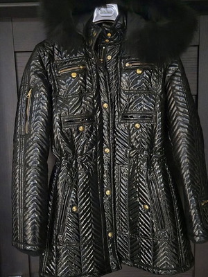 Black puffer jacket with real fur on hood like new, size XS