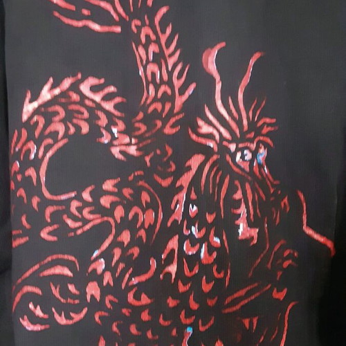 Corduroy shirt with dragon on back like new, black and red, size XL