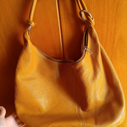 Leather shoulder bag used, brown tan with fabric lining