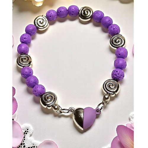 Handmade bracelet with purple lava semi-precious stone and magnetic heart clasp new