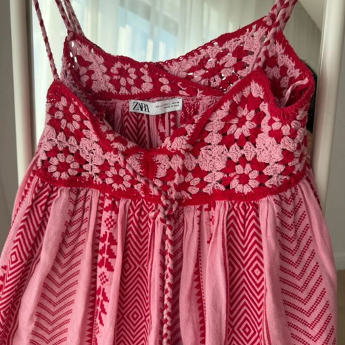 Zara boho chic embroidered long dress, pink red, size L
