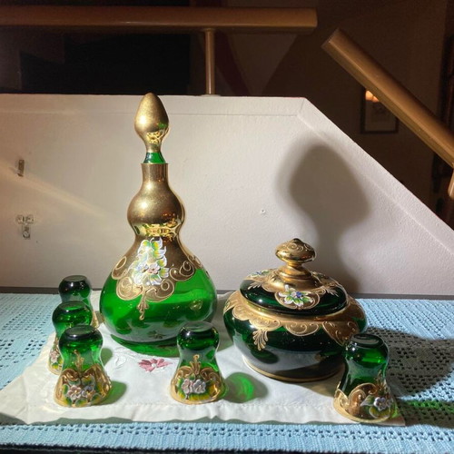 Bohemian style emerald glassware set 1950 like new