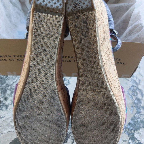 Toms platform sandals with cork and multicolor denim, like new