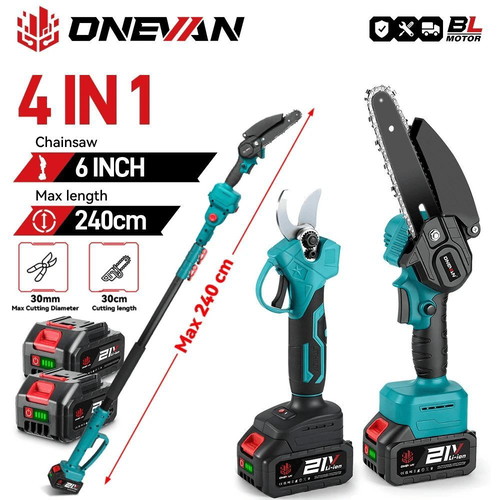Rechargeable 4-in-1 Pruning Set 21V with 6" Chainsaw and Telescopic Pole