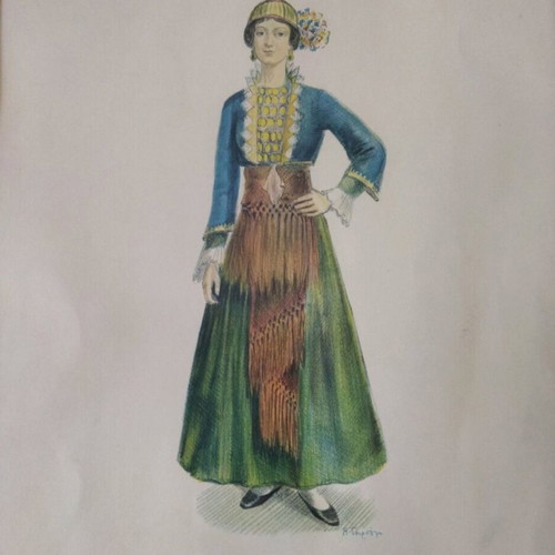 A.Tarsoulis 3 used Greek costumes chromolithographs in wooden frames 34x27 cm