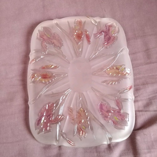 Walther glass platter with purple and rose embossed flowers like new