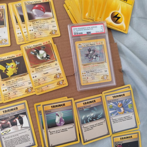 Lt Surge Theme Deck Pokemon Gym Heroes with 52 cards and PSA 5 Lt Surge Magneton used