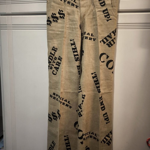 Linen pants with prints and letters new, size L 40 12, black and beige