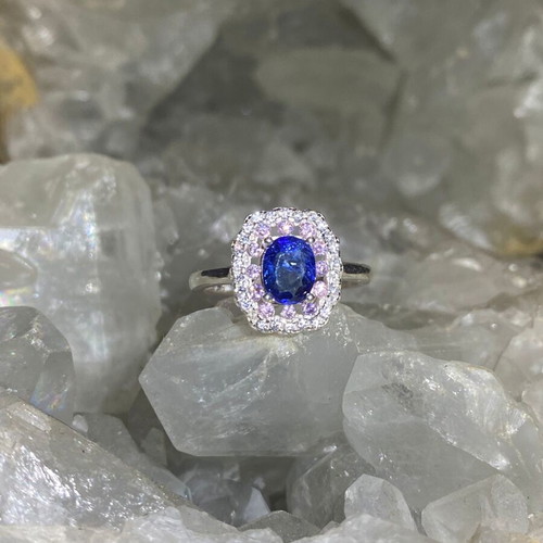 Handmade silver ring with natural blue sapphire, pink quartz & moissanites, size 7