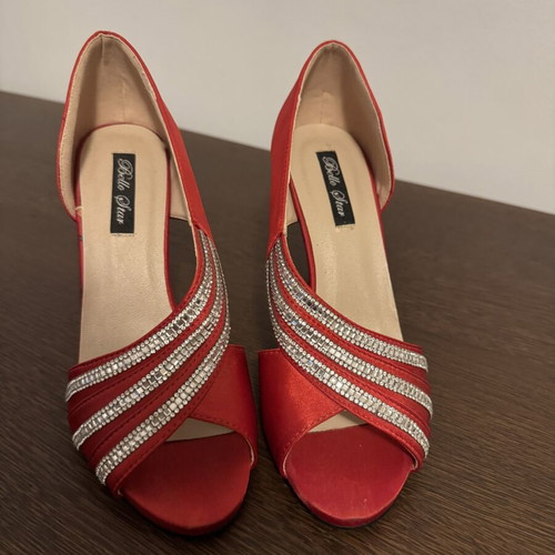 Red satin pumps with rhinestones, size 37.5