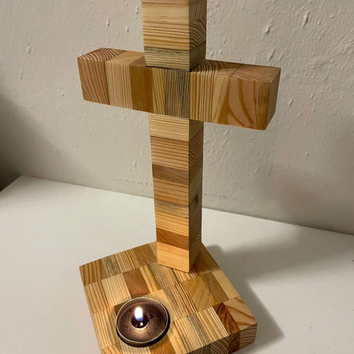 Handmade wooden cross with tealight holder new