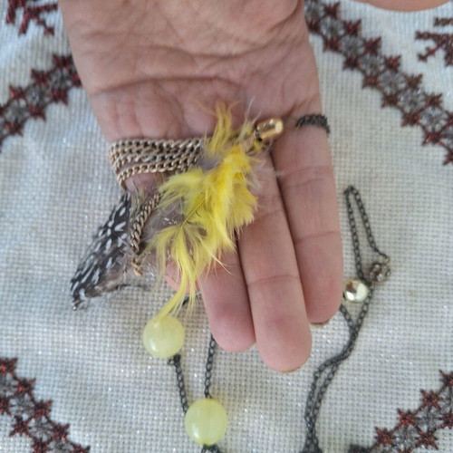 Long necklace new with feathers and yellow beads