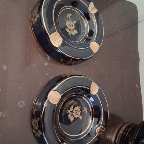 Ceramic set used, Greek made, black with 24k gold, 2 ashtrays and 2 vases