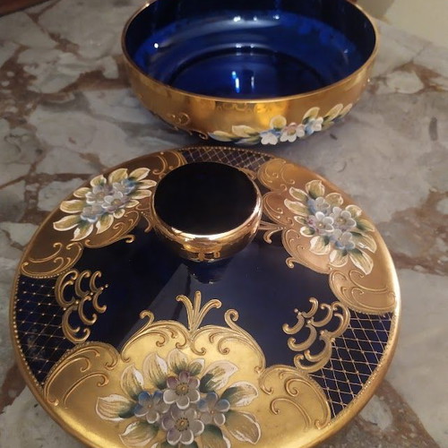 Murano crystal blue and gold fondue pot with lid