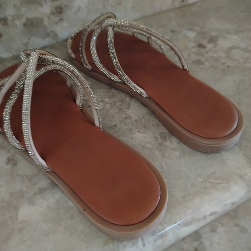 Bronze leather sandals with thin straps and shiny details, size 38
