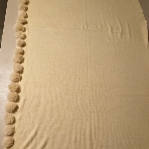 Scarf beige like new with fur pom poms and fringes