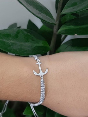 Woven bracelet with anchor in gray and silver stainless steel new