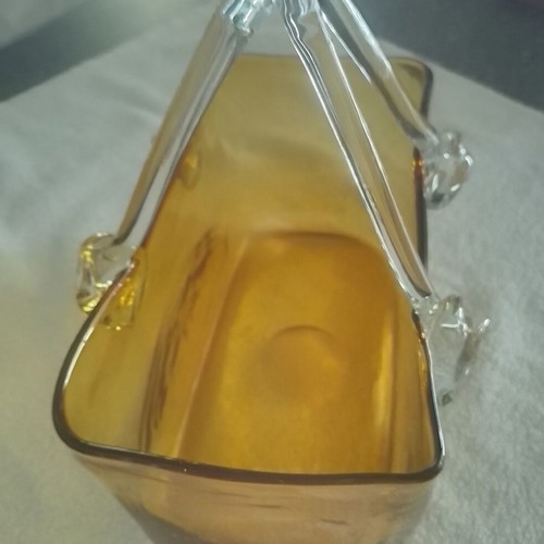 Handbag vase, vintage Italian blown glass, honey color with clear handles