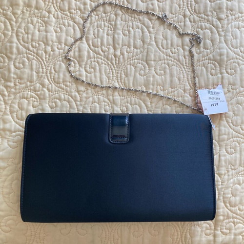 Satin clutch bag new, black with silver detail and chain