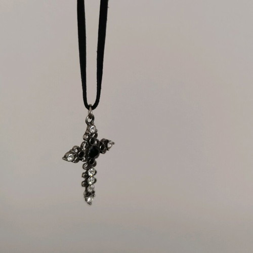 Carved vintage cross with rhinestones used and velvet strap