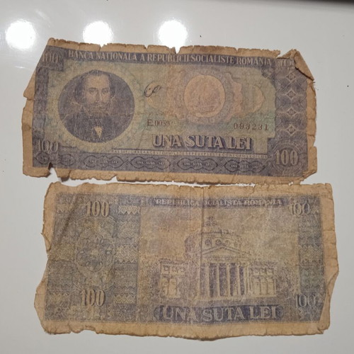 Romanian lei old used, 2 x 100, poor condition