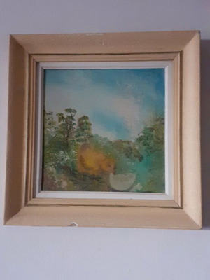 Vintage oil painting used with cream wooden frame