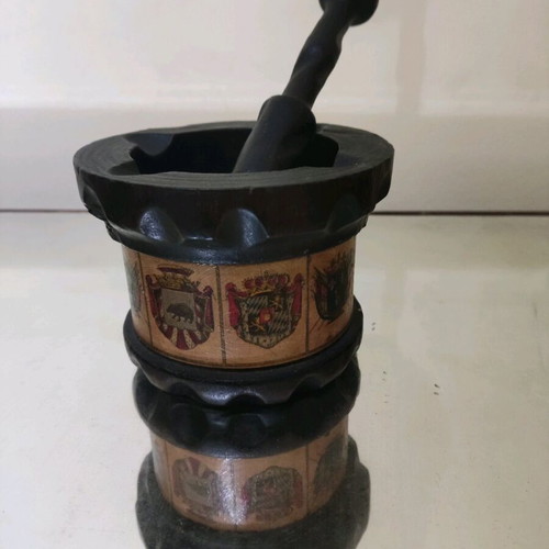 Wooden mortar used with pestle and 9 flags collectible