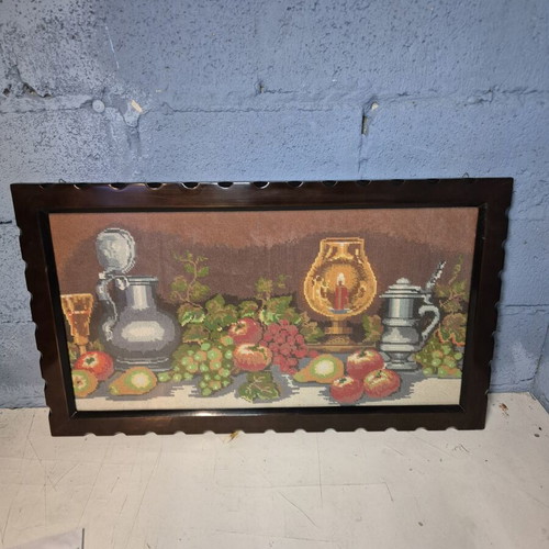 Textile embroidery artwork in frame like new with wooden mount
