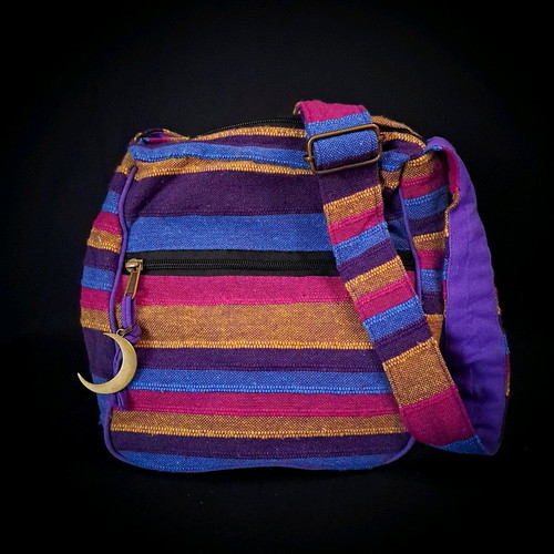 Cotton Sling Bag new, pink and multicolored with copper moon charm