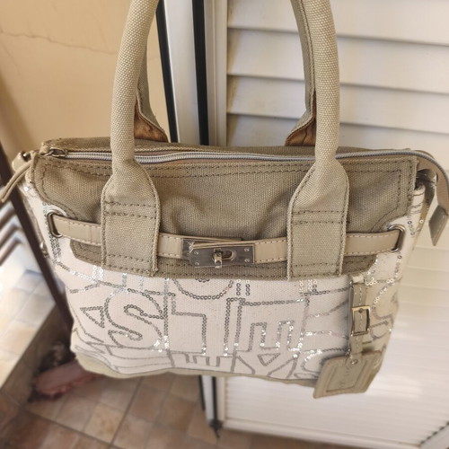 Sisley women's handbag used, beige, two carrying styles, embroidered logo