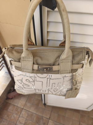 Sisley women's handbag used, beige, two carrying styles, embroidered logo
