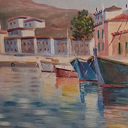Yiannis Douridis Signed Oil Painting Seascape Greek Harbor