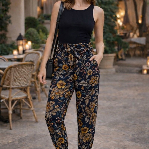 Stradivarius satin floral pants used, size 38, blue